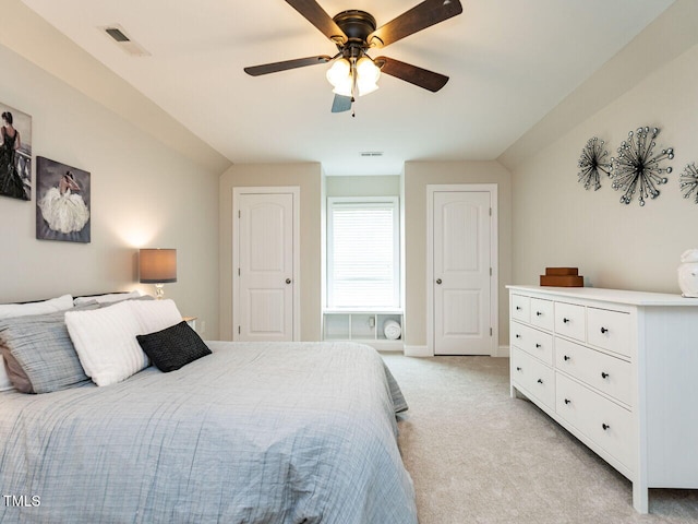 730 Toms Creek Rd, Cary, NC 27519 - bedroom with baseboards, ceiling fan, visible vents, and light colored carpet