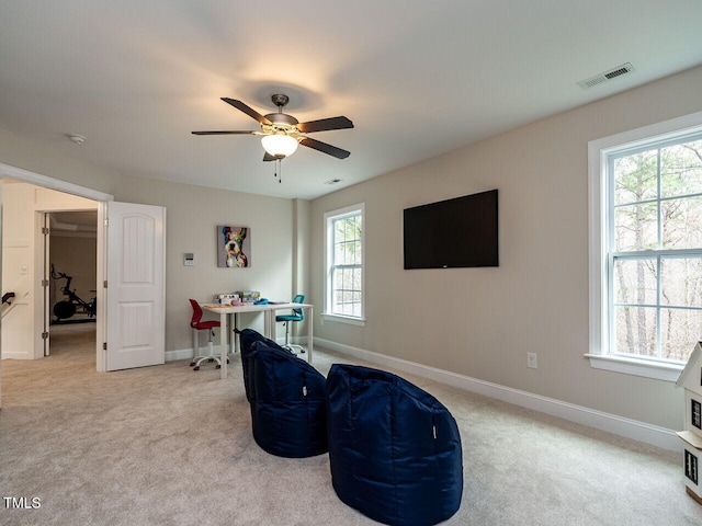 730 Toms Creek Rd, Cary, NC 27519 - misc room featuring visible vents, baseboards, ceiling fan, and carpet floors