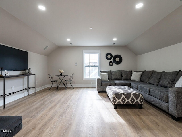 730 Toms Creek Rd, Cary, NC 27519 - living room featuring recessed lighting, baseboards, visible vents, vaulted ceiling, and light wood-type flooring