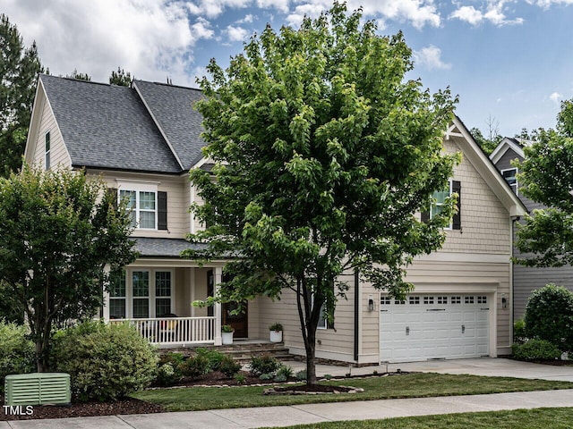 730 Toms Creek Rd, Cary, NC 27519 - obstructed view of property featuring concrete driveway, a porch, roof with shingles, and a garage