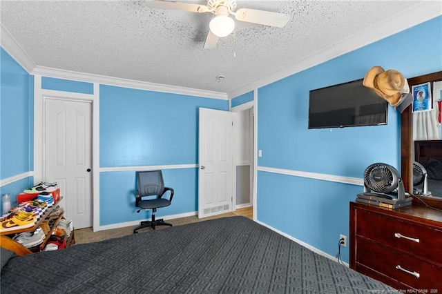 carpeted bedroom featuring a textured ceiling, crown molding, and ceiling fan