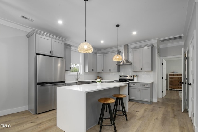 kitchen featuring visible vents, gray cabinets, a sink, stainless steel appliances, and wall chimney range hood