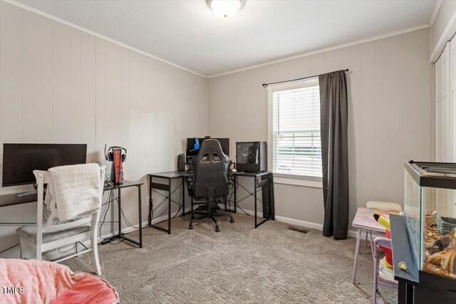 1803 Saint Paul Ave, Fayetteville, NC 28304 - carpeted home office featuring baseboards, visible vents, and ornamental molding