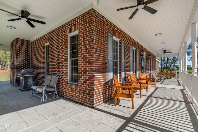 view of patio / terrace featuring grilling area, covered porch, and ceiling fan