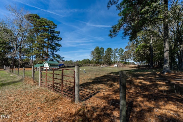 view of yard featuring a gate, a rural view, and fence