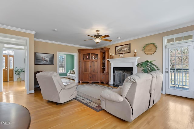 living area with crown molding, a fireplace with flush hearth, light wood-type flooring, and ceiling fan