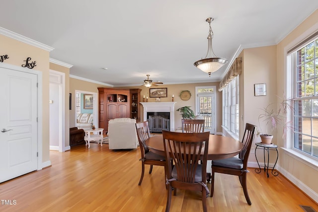 dining room with light wood-style floors, a healthy amount of sunlight, and a ceiling fan