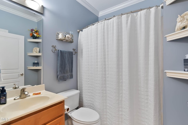 full bath featuring vanity, toilet, and crown molding