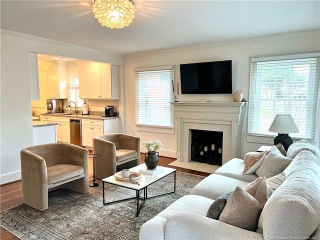 living room with baseboards, wood finished floors, and ornamental molding