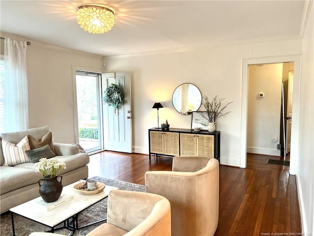 living room with crown molding, baseboards, and hardwood / wood-style flooring