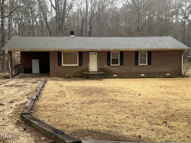 single story home with crawl space, a chimney, brick siding, and a carport