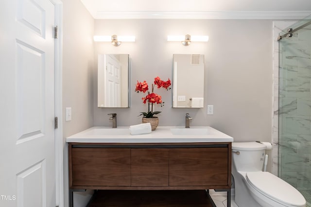 700 Bishops Park Dr Unit 205, Raleigh, NC 27605 - full bathroom with double vanity, crown molding, a stall shower, and toilet