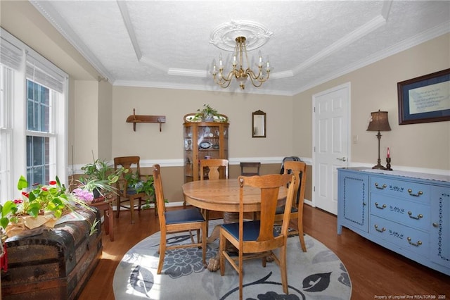 dining room featuring a tray ceiling, a notable chandelier, dark wood-style flooring, and a textured ceiling