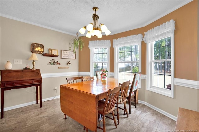 dining room with baseboards, a textured ceiling, and an inviting chandelier