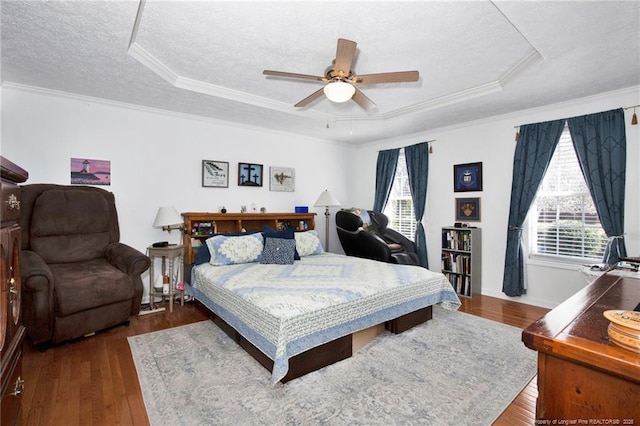 bedroom featuring a tray ceiling, multiple windows, and a textured ceiling