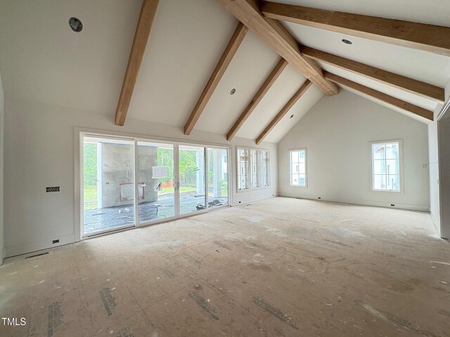 3405 Makers Cir, Raleigh, NC 27612 - unfurnished living room with beamed ceiling and high vaulted ceiling