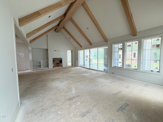 3405 Makers Cir, Raleigh, NC 27612 - unfurnished living room with high vaulted ceiling and beam ceiling