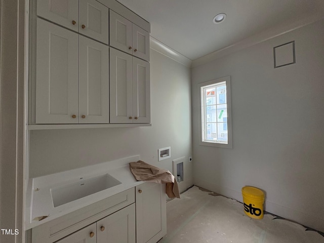3405 Makers Cir, Raleigh, NC 27612 - laundry area with cabinet space, electric dryer hookup, hookup for a washing machine, ornamental molding, and baseboards