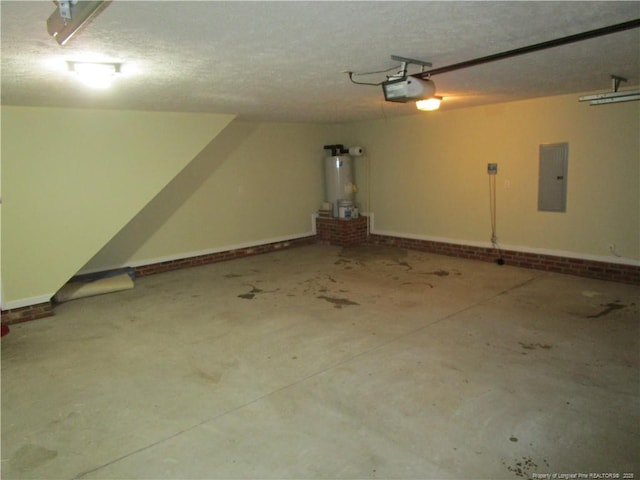 garage with electric panel, gas water heater, and a garage door opener