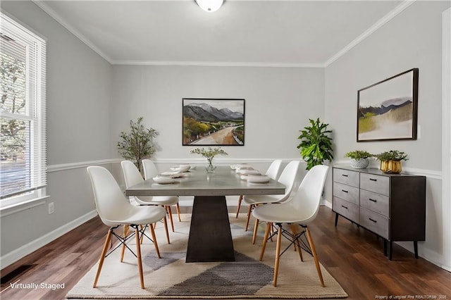 dining area with visible vents, baseboards, ornamental molding, and dark wood finished floors