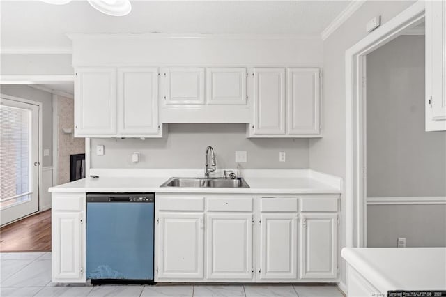 kitchen with ornamental molding, a sink, white cabinetry, light countertops, and dishwasher