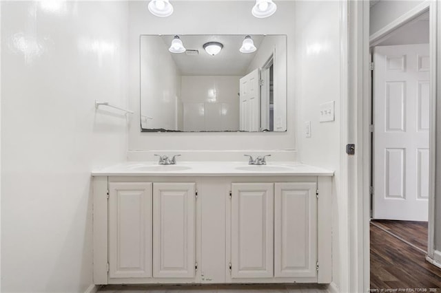 bathroom with double vanity, wood finished floors, and a sink