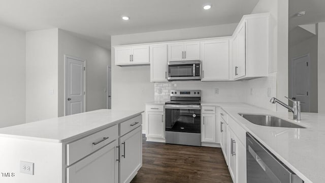 3040 Platinum Cir W, End, NC 27376 - kitchen featuring stainless steel appliances, dark wood-style flooring, white cabinetry, decorative backsplash, and recessed lighting
