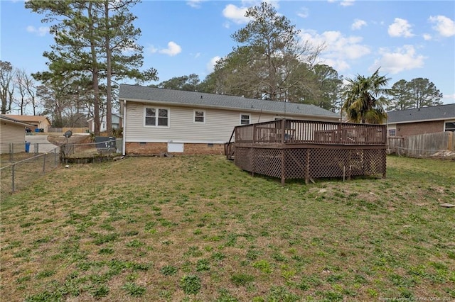 back of house with a deck, a yard, a fenced backyard, and crawl space