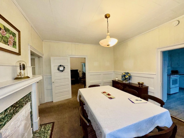4715 Jacksontown Rd, Manson, NC 27553 - dining space featuring ornamental molding, a fireplace, wainscoting, dark carpet, and a decorative wall