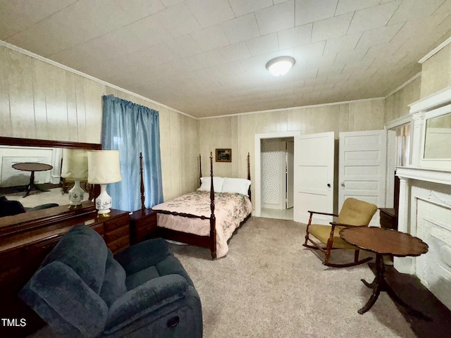 4715 Jacksontown Rd, Manson, NC 27553 - bedroom with crown molding, wood walls, and carpet