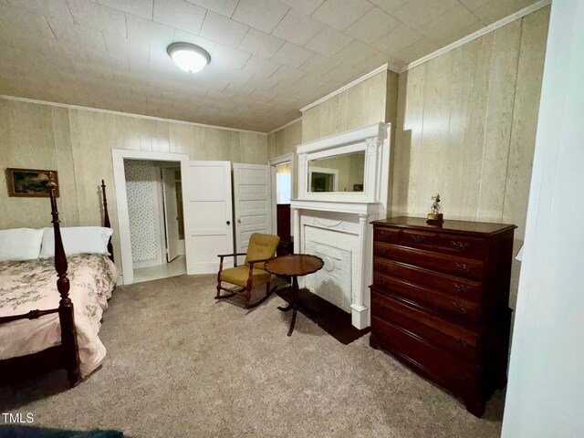 4715 Jacksontown Rd, Manson, NC 27553 - carpeted bedroom with ornamental molding and wood walls