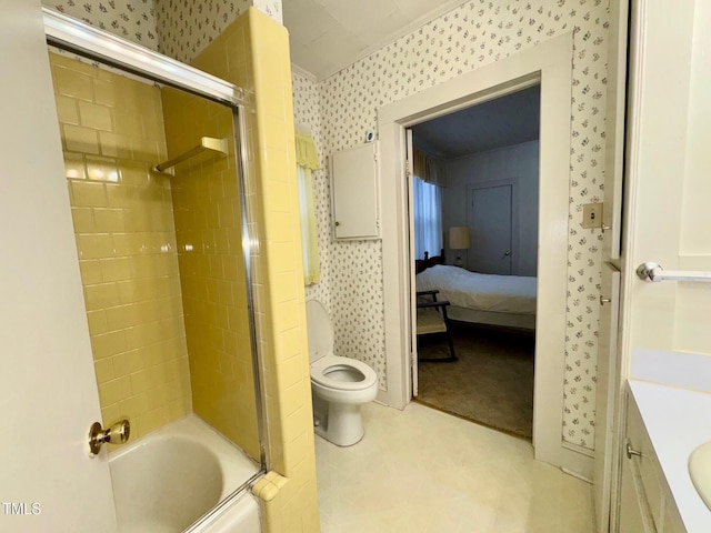 4715 Jacksontown Rd, Manson, NC 27553 - bathroom with combined bath / shower with glass door, toilet, ensuite bath, wallpapered walls, and tile patterned floors