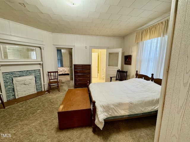 4715 Jacksontown Rd, Manson, NC 27553 - bedroom featuring a fireplace, carpet flooring, and ornamental molding