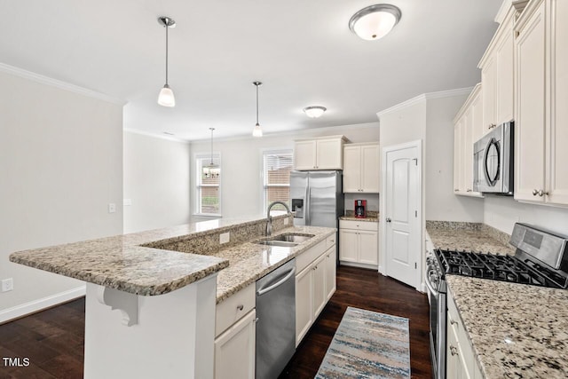 kitchen with appliances with stainless steel finishes, a sink, dark wood-type flooring, ornamental molding, and a kitchen island with sink