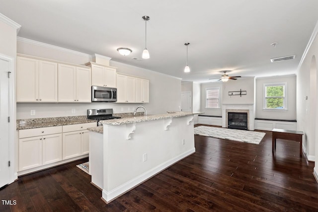 kitchen with appliances with stainless steel finishes, dark wood finished floors, a ceiling fan, crown molding, and white cabinets