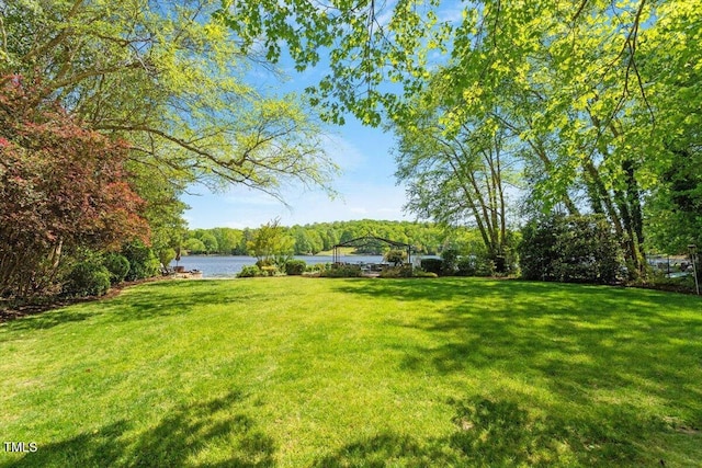 view of green lawn with a water view