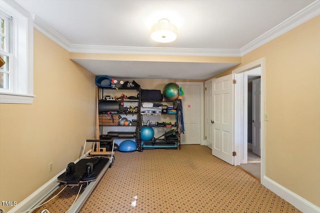 workout room featuring ornamental molding, baseboards, and carpet floors