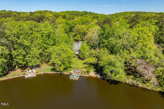 bird's eye view of a heavily wooded area and a nearby body of water