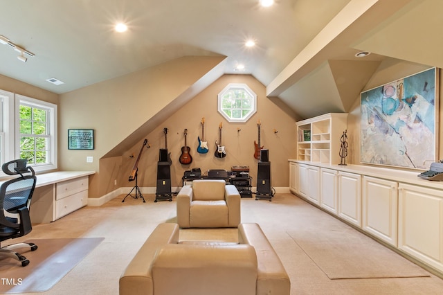 office area with vaulted ceiling, light carpet, baseboards, plenty of natural light, and recessed lighting