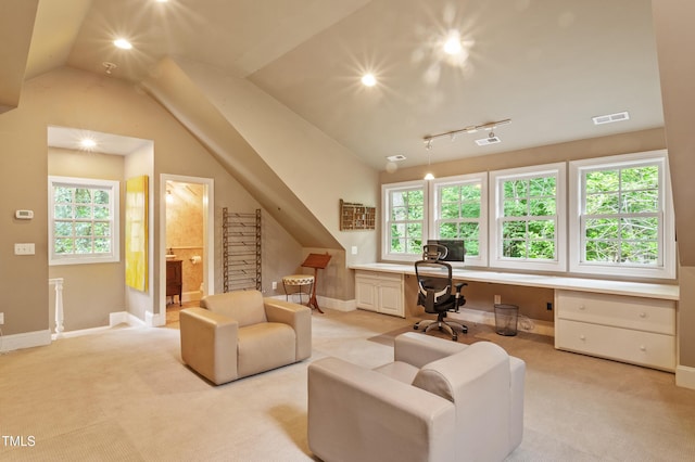home office featuring built in study area, baseboards, light carpet, lofted ceiling, and recessed lighting