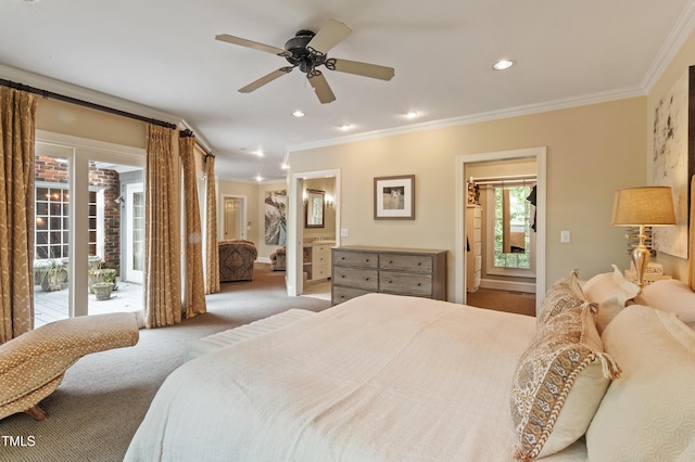 bedroom with carpet, access to exterior, ornamental molding, ensuite bathroom, and recessed lighting