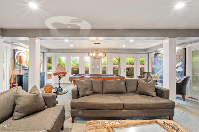 living room with french doors, light carpet, billiards table, recessed lighting, and ornate columns