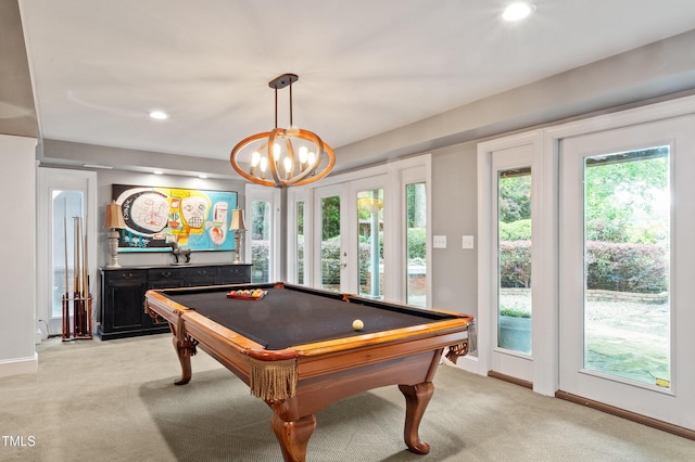 game room featuring pool table, healthy amount of natural light, light colored carpet, and recessed lighting