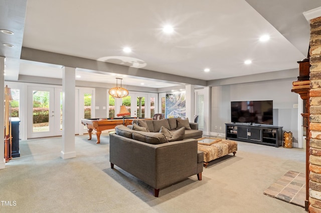 living area featuring light colored carpet, billiards, recessed lighting, baseboards, and french doors