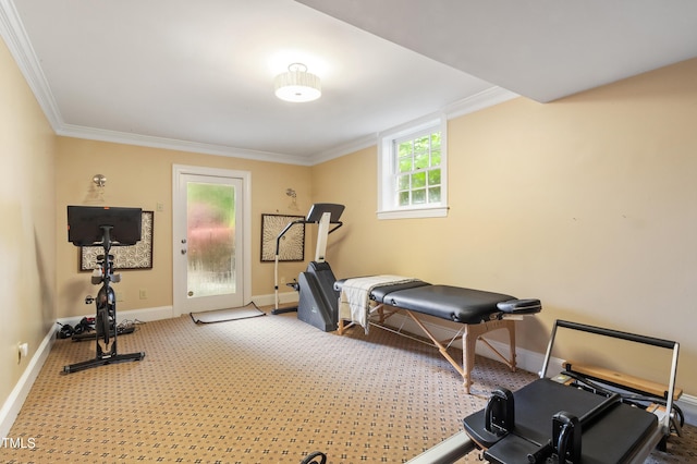 workout area with baseboards, crown molding, and carpet flooring