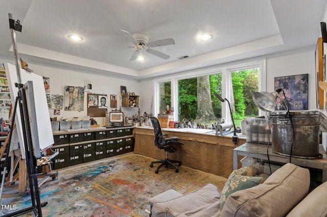 office area featuring a tray ceiling, ceiling fan, and recessed lighting