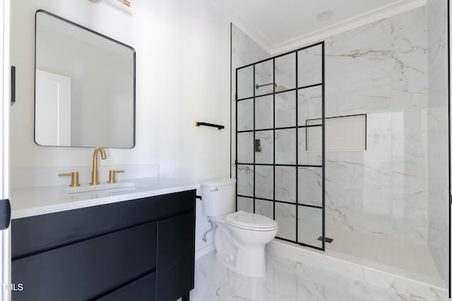 full bathroom featuring marble look tiles, a marble finish shower, toilet, vanity, and crown molding