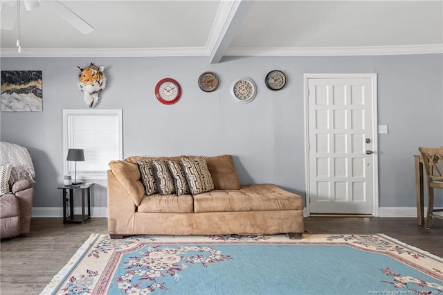 living area with wood finished floors, ceiling fan, and ornamental molding