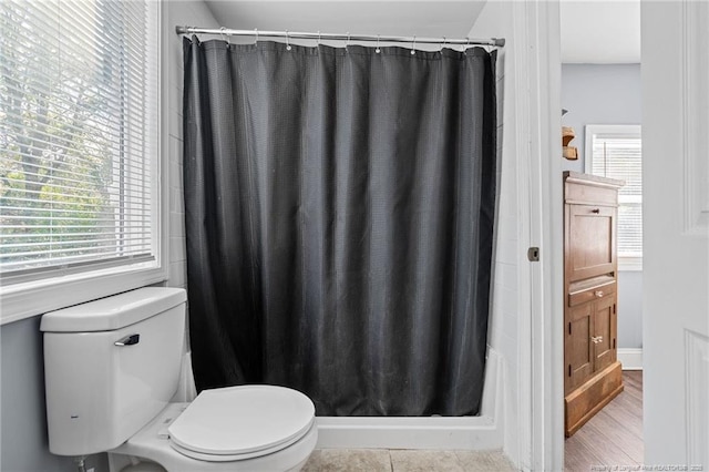 full bathroom with a wealth of natural light, toilet, and a shower with shower curtain