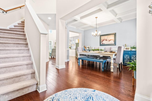 50 Lockamy Ln, Youngsville, NC 27596 - foyer with stairway, baseboards, coffered ceiling, wood-type flooring, and a chandelier